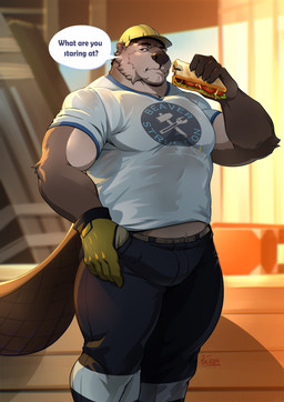 5_fingers anthro armor beaver_tail belly belly_tuft belt biceps big_muscles big_pecs big_tail biped black_claws black_clothing black_gloves black_handwear blue_bottomwear blue_clothing blue_pants blue_shirt blue_stripes blue_topwear blurred_background bottomwear brown_body brown_eyebrows brown_fur brown_hair brown_nose buckle bulge calf_muscles cheek_bulge cheek_tuft claws closed_frown clothed clothing construction_site construction_worker countershade_arms countershade_belly countershade_face countershade_fur countershading deltoids detailed_background eating eating_food eyebrows facial_hair facial_tuft finger_claws fingers food frown fully_clothed fur gloves goatee hair hand_in_pocket handwear hard_hat hat headgear headwear helmet holding_food holding_object holding_sandwich humanoid_hands logo logo_on_clothing logo_on_shirt logo_on_topwear looking_aside looking_at_viewer male mouth_closed multicolored_body multicolored_bottomwear multicolored_clothing multicolored_fur multicolored_gloves multicolored_handwear multicolored_shirt multicolored_topwear muscular muscular_anthro muscular_arms muscular_male narrowed_eyes neck_tuft outside pants pecs pockets print_clothing quads raised_arm sandwich_(food) serious_face shirt small_ears solo squint standing stripes tail tan_belt tan_body tan_fur text text_on_clothing text_on_shirt text_on_topwear text_print thick_neck thick_tail thick_thighs three-quarter_view tight_bottomwear tight_clothing tight_pants tight_shirt tight_topwear topwear tuft two_tone_body two_tone_bottomwear two_tone_clothing two_tone_fur two_tone_pants warm_lighting white_bottomwear white_clothing white_gloves white_handwear white_pants white_shirt white_stripes white_topwear yellow_clothing yellow_hat yellow_headwear purtropos beaver mammal rodent 2025 digital_media_(artwork) english_text hi_res portrait signature three-quarter_portrait