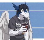 anthro beverage claws clothed clothing coffee feathered_wings feathers green_eyes male shirt solo topwear wings nameless00 mythology clei dragon feathered_dragon feathered_scalie mythological_creature mythological_scalie scalie windragon 2018