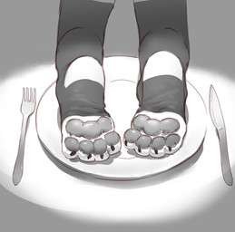 anthro claws clothing curling_toes cutlery detailed_feet dinner_plate disembodied_foot feet foot_fetish foot_focus footwear fork kitchen_utensils kneeling knife light light_beam male pawpads plate shadow socks solo stirrup_legwear stirrup_socks toe_claws tools young young_anthro young_male teien ambiguous_species mammal absurd_res hi_res monochrome