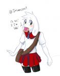 anthro bag blush bottomwear bread clothed clothing crossdressing femboy food fur green_eyes legwear long_ears male necktie red_bottomwear red_clothing school_uniform simple_background skirt solo stuttering text thigh_highs toast uniform white_body white_fur worried filtrandez undertale undertale_(series) asriel_dreemurr boss_monster_(undertale) bovid caprine goat mammal english_text signature