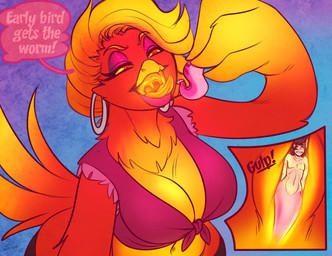 anthro anthro_pred anthro_prey apode beak belly big_breasts big_hands breasts cleavage clothed clothing cutaway detailed_navel dialogue duo ear_piercing ear_ring esophagus extreme_size_difference eyelashes feathers female female_pred femboy hoop_ear_ring humanoid_prey internal larger_female larger_pred legless male male/female male_humanoid male_prey micro midriff multicolored_body multicolored_feathers narrowed_eyes navel neck_bulge open_beak open_mouth oral_vore orange_body orange_feathers piercing ring_piercing serpentine size_difference smaller_male sound_effects speech_bubble split_form swallowing tail tail_feathers text throat tongue uvula vore wide_hips yellow_body yellow_feathers sweetcreamfizz european_mythology greek_mythology mythology animal_humanoid avian bird draconcopode humanoid lamia mythological_avian mythological_bird mythological_creature mythological_firebird phoenix reptile reptile_humanoid scalie scalie_humanoid snake snake_humanoid 2012 dated digital_media_(artwork) english_text signature