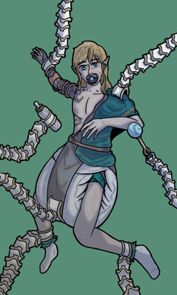 blonde_hair blue_eyes bottle clothing container diaper female groping_diaper hair leg_bracelet machine not_furry object_in_mouth pacifier pacifier_in_mouth pointy_ears poopy_diaper rattle rauru's_arm redsabdlcreations restrained restrained_by_tentacles robotic_arm robotic_tentacles runes shirt solo tentacles topwear touching_diaper tunic nintendo tears_of_the_kingdom the_legend_of_zelda link guardian_(tloz) hylian robot 3:5 absurd_res hi_res