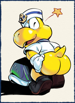 anthro butt chibi clothing gloves handwear hat headgear headwear male mooning sailor_uniform shell solo uniform yellow_body nondelismell mario_bros mario_kart_world nintendo koopa_troopa_(sailor) koopa koopa_troopa reptile scalie turtle hi_res