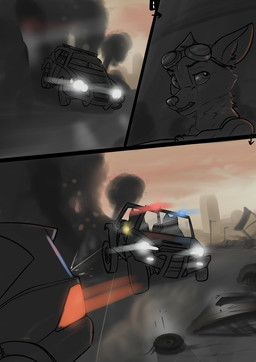 anthro car city city_background cityscape driving duo ears_back escaping male pivoted_ears police post-apocalyptic shooting_gun solo sunset vehicle wolfyalex96 canid canine fox mammal hi_res