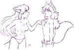 anthro argument bangs biped breasts camel_toe clenched_hands clothed clothing duo female fingers gesture hair hand_gesture hand_on_hip long_hair looking_at_another navel nipples panties pointing pointing_at_another raised_tail side_view small_breasts standing tail three-quarter_view topless topless_anthro topless_female underwear young young_anthro young_female aogami canid canine fox mammal 2024 dated digital_drawing_(artwork) digital_media_(artwork) hi_res line_art monochrome purple_and_white signature