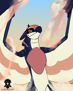 anthro beak blue_body digital_eyes flying male sky skyscape solo wings moonblight vank avian robot_anthro synth_(vader-san) hi_res