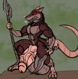 anthro balls big_penis brown_body brown_fur fur genitals huge_penis hyper hyper_genitalia hyper_penis male penis solo weapon dragon-heart warhammer_(franchise) warhammer_fantasy mammal murid murine rat rodent skaven hi_res