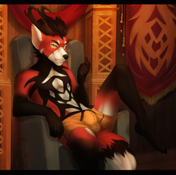 4_toes 5_fingers anthro athletic athletic_anthro athletic_male black_body black_fur brown_hair bulge chair chest_markings claws clothing detailed_background feet finger_claws fingers fluffy fluffy_tail front_view fur furniture gesture hair hand_gesture horn male markings on_chair orange_clothing orange_underwear pointing pointing_at_self raised_leg red_body red_fur sitting sitting_on_chair sitting_on_throne smile smirk solo spread_legs spreading tail tapestry teeth teeth_showing throne throne_room toe_claws toes underwear white_body white_fur yellow_eyes miraoff asian_mythology east_asian_mythology mythology stamper_pandragon ailurid dragon eastern_dragon hybrid mammal mythological_creature mythological_scalie red_panda scalie hi_res