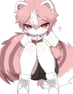 anthro blush bottomwear clothed clothed_anthro clothed_male clothing container drinking_straw footwear fur hair kemono looking_at_viewer male male_anthro milk_carton milk_container multicolored_body multicolored_fur multicolored_hair pink_body pink_fur pink_hair question_mark shirt shoes shorts sitting solo tail topwear white_body white_fur white_hair young young_anthro young_male aellaellae naruta mammal rodent sciurid tree_squirrel 2026 digital_media_(artwork) hi_res