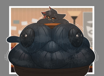 anthro areola barbell_piercing belly big_belly big_breasts black_areola black_nipples blue_body bodily_fluids bottomwear breasts clothed clothing eyelashes female glistening_eyelids huge_breasts huge_hips huge_thighs hyper hyper_hips hyper_thighs long_eyelashes mostly_nude motion_lines nipple_dip nipple_piercing nipples obese obese_anthro obese_female overweight overweight_anthro overweight_female pants piercing raised_clothing raised_shirt raised_topwear red_eyes shirt solo sweat sweaty_body sweaty_breasts thick_thighs topwear undressing wide_hips yellow_sclera daeriusus night_in_the_woods mae_borowski domestic_cat felid feline felis mammal hi_res