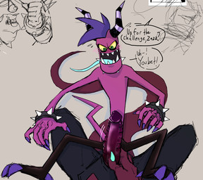 anthro big_penis blue_claws blue_tongue blush blush_lines bodily_fluids bracelet claws collar dialogue duo finger_claws genitals green_eyes hair horn jewelry long_tail male male/male mohawk offscreen_character penis pink_body pink_skin purple_claws purple_hair purple_horn red_body red_skin sharp_teeth size_difference skinny_male speech_bubble spiked_bracelet spiked_collar spikes sweat sweatdrop tail teeth toe_claws tongue tongue_out yellow_sclera spiceskeleton asian_mythology east_asian_mythology japanese_mythology mythology sega sonic_the_hedgehog_(series) the_deadly_six zavok zazz demon humanoid oni yokai zeti zeti_(species) hi_res