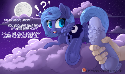 anus butt cloud cutie_mark dialogue dildo disembodied_hand dock_(anatomy) duo feathered_wings feathers female feral genitals hair hooves horn interrobang on_cloud outside patreon_logo sex_toy solo_focus tail text underhoof vulva wings young young_feral pusspuss friendship_is_magic hasbro my_little_pony mythology patreon princess_luna_(mlp) equid equine mammal mythological_creature mythological_equine winged_unicorn 2016 english_text url