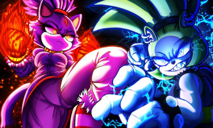 anthro black_background black_nose blue_eyes breasts clothing duo ear_piercing ear_ring electricity electricity_manipulation elemental_manipulation eyelashes female fire fire_manipulation forehead_gem fur gem gloves glowing glowing_eyes green_body green_fur grin handwear medium_breasts piercing pose purple_body purple_clothing purple_fur purple_shirt purple_topwear raised_leg red_eyes ring_piercing sharp_teeth shirt simple_background smile teeth topwear white_clothing white_gloves white_handwear kwalker1009 idw_publishing sega sonic_the_hedgehog_(comics) sonic_the_hedgehog_(idw) sonic_the_hedgehog_(series) blaze_the_cat surge_the_tenrec afrosoricid domestic_cat felid feline felis mammal tenrec hi_res
