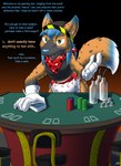 anthro blue_hair canid canine catmonkshiro clean_diaper clothed clothing diaper english_text fox fur hair hi_res hybrid hyena hyox laxatives looking_at_viewer male mammal markings pantsless poker poker_chip poker_table smile smug solo spots spotted_body spotted_fur text tokky
