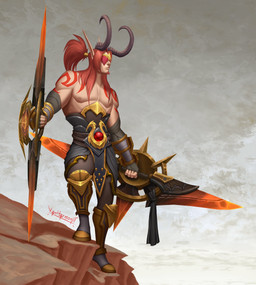 armor beard belt clothing facial_hair fingerless_gloves gloves hair handwear holding_melee_weapon holding_object holding_weapon horn humanoid_pointy_ears male melee_weapon muscular muscular_male nipples not_furry pointy_ears ponytail red_hair rock solo standing weapon vanharmontt blizzard_entertainment demon_hunter_(warcraft) warcraft blood_elf elf humanoid 2025 absurd_res digital_media_(artwork) hi_res