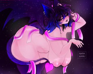 bent_over big_breasts black_hair blue_hair blue_tail breasts clothed clothing cosmic_background ear_piercing ear_ring ear_stud eyelashes female hair legwear looking_at_viewer membrane_(anatomy) membranous_wings mouth_closed multicolored_hair narrowed_eyes nipples piercing pink_eyes pink_nipples ring_piercing side_view solo space space_background tail tan_body tan_skin text tight_clothing tight_legwear topless two_tone_hair wings norakaru nora_(norakaru) humanoid artist_name hi_res