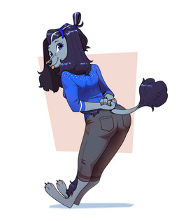 accessory anthro arm_tuft barefoot blep blue_eyes bottomwear clothing feet female fur grey_body grey_fur hair hair_accessory hairband hands_behind_back highlights_(coloring) leg_tuft long_hair long_sleeve_shirt looking_aside_at_viewer looking_at_viewer pants plantigrade side_view simple_background snout solo tail tail_tuft tied_hair tongue tongue_out tuft white_highlights ruffu lini_(ruffu) canid canine mammal digital_drawing_(artwork) digital_media_(artwork)