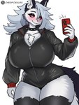 anthro big_breasts black_clothing black_jacket black_legwear black_thigh_highs black_topwear blush blush_lines breasts cellphone clothed clothing collar ear_piercing ear_ring electronics female fur grey_hair hair holding_cellphone holding_object holding_phone holding_smartphone huge_breasts jacket legwear looking_at_viewer notched_ear phone piercing red_cellphone red_sclera ring_piercing selfie simple_background smartphone solo spiked_collar spikes stockings thick_thighs thigh_highs topwear tuft white_background white_body white_eyes white_fur wide_hips zipper avoid_posting cherifokkusu helluva_boss mythology loona_(helluva_boss) canid canid_demon canine demon hellhound mammal mythological_canine mythological_creature absurd_res digital_media_(artwork) hi_res