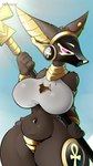 ankh anthro big_breasts breasts brown_body cleavage clothed clothing curvy_figure ear_piercing female fluffy fur gold_(metal) holding_object looking_at_viewer machine navel navel_piercing piercing pose ring ring_piercing sky solo staff wide_hips plecopsar egyptian_mythology middle_eastern_mythology mythology anubis canid canine canis deity hybrid jackal mammal protogen 16:9 absurd_res hi_res pinup shaded widescreen