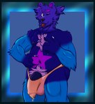 anthro balls_outline belly belly_grab big_bulge blep blue_border bodily_fluids border bulge chest_tuft clothed clothing crotch_tuft detailed_bulge eyebrow_slit eyebrows foreskin fur genital_fluids genital_outline genital_piercing genitals gradient_background hair humanoid_genitalia humanoid_penis looking_at_viewer male multicolored_body multicolored_fur muscular muscular_anthro muscular_male nails nipples one_eye_closed orange_eyes overweight overweight_anthro penis penis_piercing piercing ponytail prince_albert_piercing pubes simple_background smile solo speedo speedo_only stretched_clothing stretched_underwear swimwear thong tongue tongue_out tongue_piercing topless tuft underwear wink winking_at_viewer charkin'schamber kody_(charkinschamber) bear mammal ursine colored digital_drawing_(artwork) digital_media_(artwork) hi_res shaded trans_(lore) trans_man_(lore)