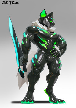 abs anthro black_latex bulge claws clothing digitigrade fluffy fluffy_tail green_claws green_latex holding_melee_weapon holding_object holding_sword holding_weapon latex latex_clothing latex_skinsuit male melee_weapon multicolored_clothing multicolored_skinsuit muscular muscular_anthro muscular_male neck_tuft skinsuit solo sword tail tight_clothing tuft two_tone_clothing two_tone_skinsuit weapon cxcxxcxxxx canid canine mammal 2026 absurd_res hi_res