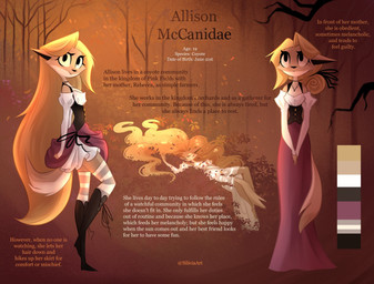 accessory anthro blonde_hair breasts clothed clothing exposure_variation female forest hair hair_accessory leaf long_hair lying off_shoulder outside plant solo tail text tree siliciaart in_the_burrow allison_mccanidae canid canine canis coyote mammal english_text hi_res model_sheet