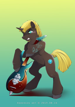 beard blonde_hair blue_eyes brown_body brown_fur cutie_mark electric_guitar facial_hair feral fur guitar hair hooves horn looking_down male musical_instrument plucked_string_instrument short_hair solo standing string_instrument teeth antiander hasbro my_little_pony mythology fan_character equid equine mammal mythological_creature mythological_equine unicorn 2013 absurd_res hi_res