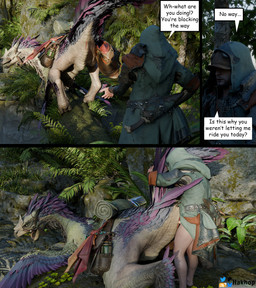 3_panel_comic anatomically_correct anatomically_correct_cloaca anatomically_correct_genitalia animal_genitalia bestiality bottomless cloaca cloacal cloacal_penetration clothed clothing dialogue duo female female_feral female_on_human female_penetrated feral feral_penetrated forest from_behind_position genitals human_on_feral human_penetrating human_penetrating_feral interspecies jungle larger_female larger_feral larger_penetrated male male/female male_human male_on_feral male_penetrating male_penetrating_female mount/rider_relations outside partially_clothed penetration penis plant presenting presenting_cloaca rear_view sex size_difference smaller_human smaller_male text tree hakhop capcom monster_hunter bird_wyvern human mammal scalie seikret 2026 3d_(artwork) blender_(artwork) blender_cycles_(artwork) comic digital_media_(artwork) english_text hi_res