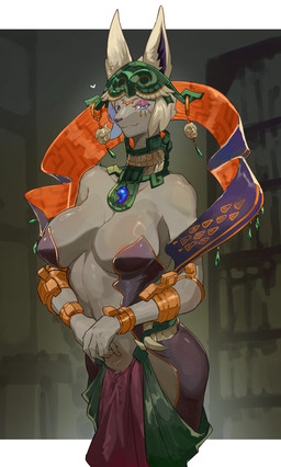 anthro breasts clothed clothing female fur grey_body grey_fur hair jewelry looking_at_viewer solo third_eye_closed cgu0906 nintendo tears_of_the_kingdom the_legend_of_zelda mineru mammal zonai absurd_res hi_res