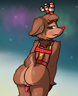 anthro aurora_(phenomenon) bedroom_eyes blush brown_body butt femboy fur genitals glowing harness holidays leaning looking_at_viewer male narrowed_eyes penis seductive snow solo tail kitty_doodles blushcrunch_studio christmas dandy's_world roblox rudie_(dandy's_world) deer mammal hi_res