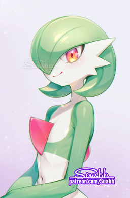ambiguous_gender eyelashes green_body green_pseudo_hair green_skin looking_at_viewer multicolored_body navel one_eye_obstructed pink_eyes pseudo_hair ribs simple_background smile smiling_at_viewer solo two_tone_body white_body white_skin suahh nintendo pokemon gardevoir generation_3_pokemon humanoid pokemon_(species) 2025 hi_res signature female_(lore)