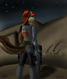 anthro backpack belt biped bottomwear clothed clothing cybernetics darkness detailed_background female fire furgonomics green_eyes gun hair machine mountain night pants prosthetic prosthetic_arm prosthetic_limb ranged_weapon rear_view red_hair rifle shirt sky smoke solo standing star starry_sky tail tail_clothing tank_top topwear town weapon jeffthehusky rayn_silus canid canine canis cyborg domestic_dog german_shepherd herding_dog mammal pastoral_dog digital_media_(artwork) hi_res