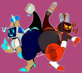 3_fingers ambiguous/ambiguous ambiguous_gender antenna_wire anthro big_butt black_body blue_body blush butt butts_touching claws digitigrade duo electricity fingers flat_chested gesture hand_gesture heart_symbol huge_butt looking_aside looking_at_viewer onomatopoeia peace_symbol plug red_body robotic_tail shaking_butt simple_background smile sneer sound_effects tail text thick_tail thick_thighs thumbs_down thumbs_up translucent translucent_body white_body yellow_body inky_entropy kilaflow kila_(kilaflow) teraflop_(kilaflow) robot_anthro tv_head_robot signature