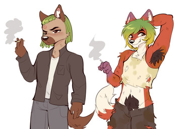 angry anthro cigarette dirty dreadlocks duo male male/male messy snugsmuggg captainstanky xyeen canid canine fox hyena mammal