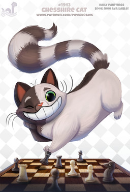 ambiguous_gender brown_body brown_fur checkerboard_(object) chess feral floating fur green_eyes grin humor one_eye_closed pun smile solo teeth visual_pun white_body white_fur wink piper_thibodeau fan_character cheshire_cat_(species) domestic_cat felid feline felis mammal 2018 digital_media_(artwork) digital_painting_(artwork) painting_(artwork)