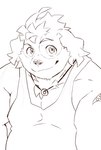 anthro floppy_ears jewelry male necklace pecs slightly_chubby smile solo heylaw21 lifewonders live_a_hero hisaki_(live_a_hero) canid canine canis domestic_dog mammal absurd_res guide_lines hi_res line_art monochrome