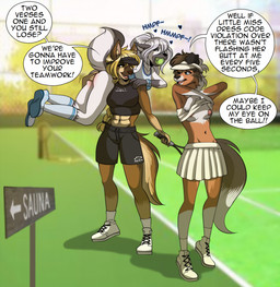 abs anal anal_fingering anthro ball blonde_hair bottomwear breasts brown_body brown_fur carrying_another clothed clothing clothing_lift dialogue female female/female fingering fingering_partner footwear fur group hair heart_symbol muscular muscular_female on_shoulder sex shoes skirt sneakers sport sportswear tail tennis tennis_ball tennis_ball_in_mouth tennis_court tennis_racket text trio undressing_self white_body white_fur white_hair ann-joanne louise_(grimsilverfire) sasha_(abananaman) stacy_(grimsilverfire) arctic_fox canid canine canis domestic_dog fox german_shepherd herding_dog mammal pastoral_dog sheepdog true_fox 2023 digital_media_(artwork) english_text hi_res