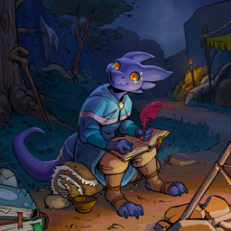 3_toes 4_fingers anthro blue_body book bowl campfire closed_smile clothed clothing container dirt dirt_path feet fingers grass hat headgear headwear legwear logo looking_at_viewer loose_feather magic_user male mouth_closed night orange_eyes outside plant quill robe sitting smile solo staff tail teal_clothing text toes torch tree wizard_hat wizard_robe wood_bowl wooden_staff writing_text writing_utensil tamlin123 kobold scalie 1:1 2025 artist_logo artist_name