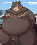 anthro balls belly big_belly blush brown_body brown_fur foreskin fur genitals humanoid_genitalia humanoid_penis kemono kneeling male moobs nipples nude obese obese_male overweight overweight_male penis scar small_penis solo kusosensei mihoyo zenless_zone_zero ben_bigger bear mammal 2025 hi_res