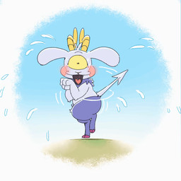 1_eye 2_horns bodily_fluids butt fur hooved_toes hooves horn nude open_mouth purple_body purple_skin red_hooves simple_background spade_tail sweat sweatdrop tail teeth text thick_thighs toony tuft wide_hips yellow_horn 1mp prince_gamon_(1mp) bovid caprine caprine_demon demon imp mammal 1:1 2025 animated artist_name colored digital_drawing_(artwork) digital_media_(artwork) english_text flat_colors frame_by_frame loop signature