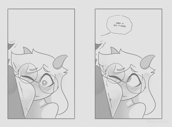 ambiguous_gender anthro apology blush blush_lines clothed clothing duo embarrassed eyewear face_in_breasts female glasses hair horn mostly_offscreen_character nude one_eye_closed shaking spiral spiral_eyes averysweatyboy deltarune undertale_(series) ralsei susie_(deltarune) bovid caprine darkner goat mammal comic male_(lore)