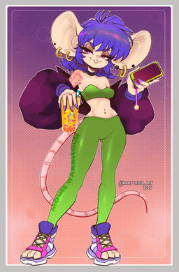 ahoge anthro arm_tattoo bare_shoulders belly_piercing beverage bottomwear breasts bubble_tea cellphone clothing dotted_background drinking_straw ear_piercing ear_ring electronics female footwear hair jacket nails navel pants pattern_background phone piercing pink_background pink_eyes purple_background purple_eyes ring_piercing sharp_nails shoes simple_background small_breasts smartphone smile sneakers solo sportswear tail tattoo text toeless_footwear topwear martyrigz_art mammal mouse murid murine rodent character_request english_text hi_res