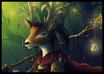 ambiguous_gender anthro antlers black_border black_hair black_nose border brown_body brown_eyes brown_fur detailed_background ear_piercing ear_ring fur hair horn lamp lantern looking_at_viewer outside piercing ring_piercing solo staff sunkenshrines deer mammal
