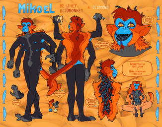 4_arms 4_nipples 4_pecs anthro black_body black_fur blue_nipples featureless_crotch feet front_view fur grey_body grey_fur hair looking_at_viewer male mouth_closed multi_arm multi_limb multi_nipple multi_pecs nipples nude open_mouth orange_body orange_fur pecs prehensile_feet rear_view red_body red_fur red_hair short_hair solo standing tentacles text toes tongue tongue_out yellow_eyes 0ct0m0n0 miko_(0ct0m0n0) haplorhine mammal monkey primate absurd_res artist_name hi_res model_sheet