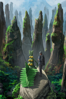 ambiguous_gender backpack clothed clothing cloud day detailed_background duo male outside plant rock standing mcg.mark nintendo pokemon pokemon_trainer generation_3_pokemon human mammal pokemon_(species) sceptile hi_res signature