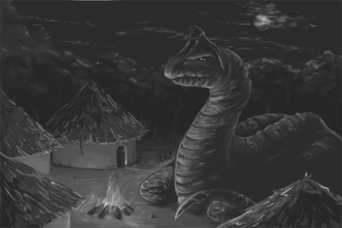 ambiguous_gender anthro campfire carrying_another cloud cloudy_sky duo extreme_size_difference feral hut larger_feral lying macro moon mouth_closed night on_head outside sitting sitting_on_head size_difference sky smaller_anthro solo_focus tail deriaz apatosaurus dinosaur diplodocid diplodocoid prehistoric_species reptile saurischian sauropod sauropodomorph scalie 2013 digital_drawing_(artwork) digital_media_(artwork) greyscale monochrome