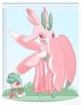 anthro bottomwear clothing dress duo grass looking_down looking_up male open_mouth pants pink_body plant red_eyes red_sclera simple_background takoto nintendo pokemon arthropod elemental_creature flora_fauna fomantis generation_7_pokemon insect lurantis pokemon_(species)