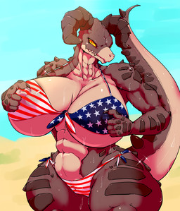 anthro big_breasts bikini bodily_fluids breasts camel_toe clothed clothing female horn huge_breasts huge_hips huge_thighs looking_at_viewer small_waist solo swimwear thick_thighs two-piece_swimsuit wide_hips cottontail fallout microsoft deathclaw scalie censored hi_res