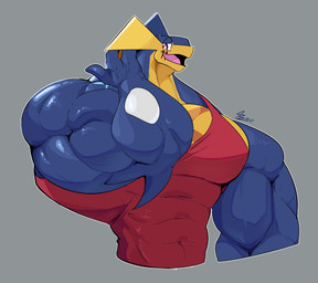 anthro biceps big_muscles clothing deltoids grey_background huge_muscles hyper hyper_muscles male muscular muscular_male pecs shirt simple_background solo tank_top tight_clothing topwear unusualboo54 nintendo pokemon zen_(unusualboo54) generation_6_pokemon greninja pokemon_(species) hi_res signature