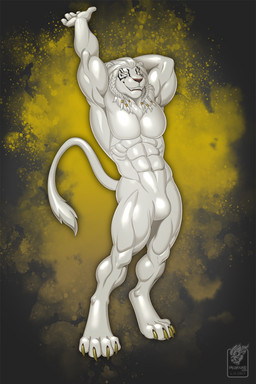 4_toes 5_fingers abs anthro arm_outstretched beads biceps biped black_markings braided_mane brown_lips brown_nose bulge calf_muscles claws digitigrade eyes_closed facial_markings fangs featureless_crotch feet fingers forearm_muscles glistening glistening_body golden_claws green_background hand_above_head hand_behind_head head_markings latex latex_body lips logo male mane markings muscular muscular_anthro muscular_male navel nude nude_anthro nude_male paws pecs quads serratus simple_background smile snout solo standing stretching tail tail_tuft teeth text textured_background toe_claws toes toothy_smile triceps tuft whisker_spots white_body vallhound hasbro magic:_the_gathering wizards_of_the_coast ajani_goldmane felid latex_creature lion mammal pantherine 2025 2:3 artist_logo artist_name dated hi_res shaded